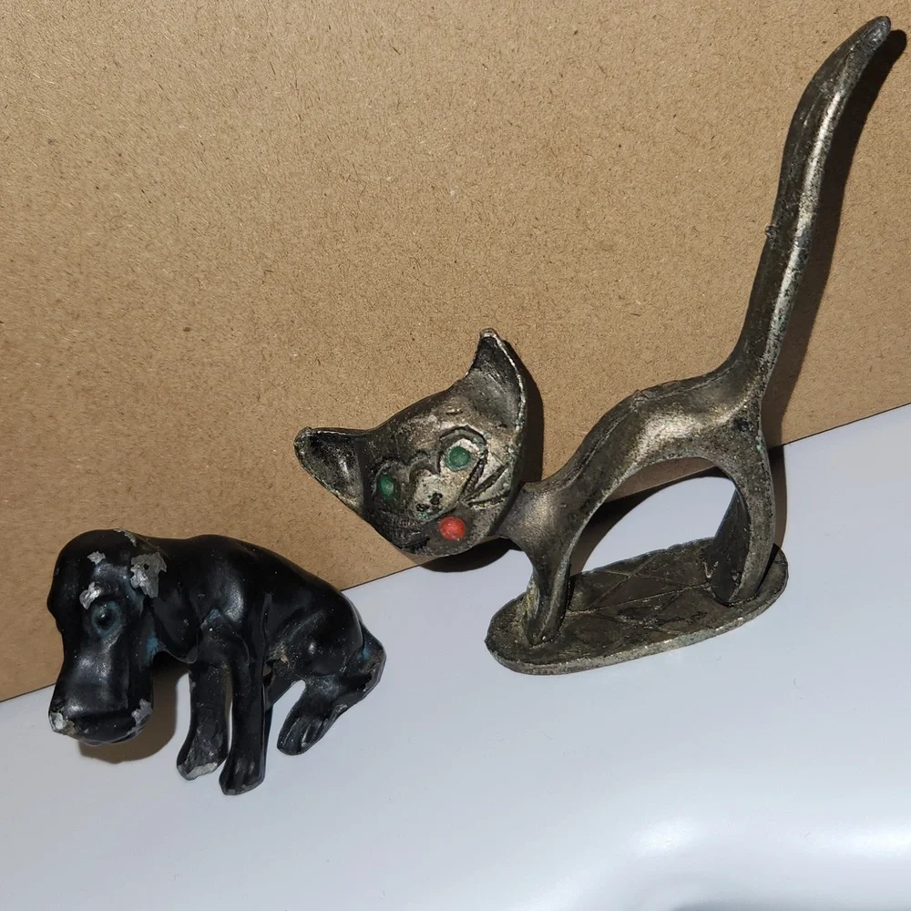 Vintage Patina Metal Dog Figurine & Cat Ring Holder Accent Decor Collectible